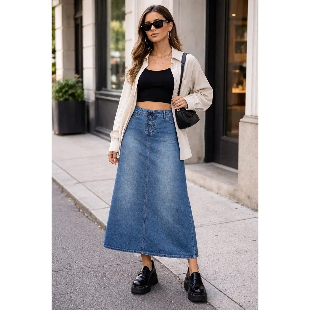 Classic Blue Denim Midi Skirt with Lace-Up Front - Picture 8 of 15